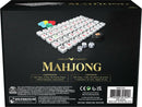 Cardinal Classic Mah Jong game by Spinmaster displayed in its box. The image shows the game components including 152 tiles, 3 dice, 80 score chips, a wind indicator, and the game instructions. The sleek black box features gold lettering and a design that highlights the game's strategy and fun.