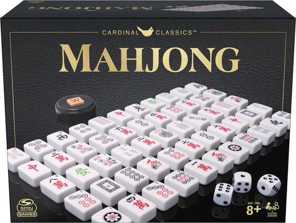 Cardinal Classic Mah Jong game set by Spinmaster featuring intricately designed Mah Jong tiles with various symbols, a dealer button, and dice, presented in an elegant black box.