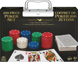 Cardinal Classics 200pc Poker set featuring a variety of colored poker chips stacked beside a deck of playing cards, all contained in a portable carry case. Perfect for game nights with friends or family.