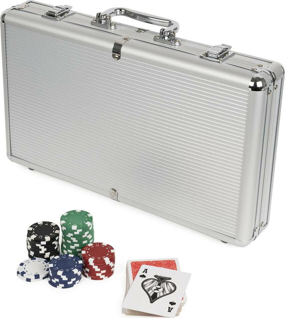 The Cardinal Classics 200pc Poker set by Spinmaster features an sleek silver carrying case. The set includes colorful poker chips in red, blue, green, black, and white, along with two decks of playing cards, making it ideal for game nights with friends and family.