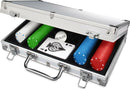 Cardinal Classics 200pc Poker set from Spinmaster, featuring an aluminum case with a variety of colorful poker chips in green, red, and blue, a dealer button, and playing cards displayed neatly inside.
