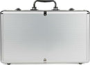 The Cardinal Classics 200pc Poker set by Spinmaster is packaged in a sleek silver aluminum case, featuring a textured ribbed exterior and a durable handle for easy carrying. The case is equipped with secure locks, ideal for protecting the poker set inside, making it a perfect choice for game nights or poker tournaments.