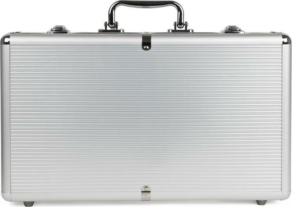 The Cardinal Classics 200pc Poker set by Spinmaster is packaged in a sleek silver aluminum case, featuring a textured ribbed exterior and a durable handle for easy carrying. The case is equipped with secure locks, ideal for protecting the poker set inside, making it a perfect choice for game nights or poker tournaments.