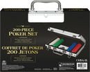Cardinal Classics 200-piece poker set featuring an aluminum case. The set includes 200 dual-toned poker chips in red, blue, and green, along with a deck of poker cards and instructions for play. The case is designed for easy transport and storage.