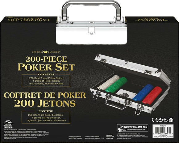 Cardinal Classics 200-piece poker set featuring an aluminum case. The set includes 200 dual-toned poker chips in red, blue, and green, along with a deck of poker cards and instructions for play. The case is designed for easy transport and storage.
