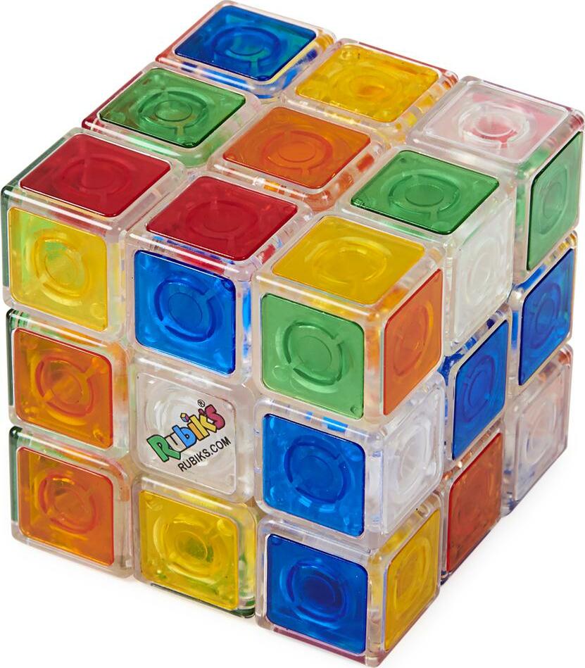 Rubiks 3x3 Crystal Cube from Spin Master, featuring colorful translucent plastic tiles in red, blue, yellow, green, and orange. This mechanical puzzle offers a challenge for puzzle enthusiasts and is ideal for both kids and adults. The cube’s clear design allows users to see the internal mechanism while they engage in a fun and educational problem-solving experience.