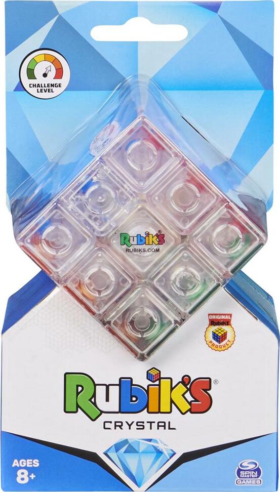 The Rubik's 3x3 Crystal Cube by Spin Master features a transparent design with colorful internal layers. It's a mechanical puzzle suitable for ages 8 and up, promising engaging challenges and enhancing problem-solving skills.