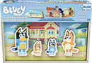 Bluey 4-Pack Wood Puzzles featuring four colorful jigsaw puzzles. Each puzzle consists of 24 pieces and includes 8 interchangeable Bluey character pieces. The box showcases a vibrant illustration of the Bluey characters in front of a house, with a slide-top for easy assembly. Perfect for kids who love creative play and problem-solving.