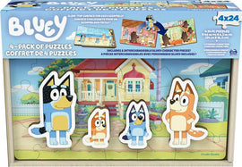 Bluey 4-Pack Wood Puzzles featuring four colorful jigsaw puzzles. Each puzzle consists of 24 pieces and includes 8 interchangeable Bluey character pieces. The box showcases a vibrant illustration of the Bluey characters in front of a house, with a slide-top for easy assembly. Perfect for kids who love creative play and problem-solving.