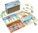 A collection of four wooden jigsaw puzzles featuring Bluey characters. The puzzles are colorful, each depicting scenes with various characters in play. Puzzles are partially completed with pieces set aside, showcasing the engaging design and educational value for young children.