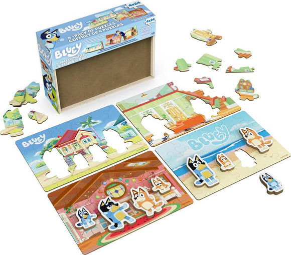 A collection of four wooden jigsaw puzzles featuring Bluey characters. The puzzles are colorful, each depicting scenes with various characters in play. Puzzles are partially completed with pieces set aside, showcasing the engaging design and educational value for young children.
