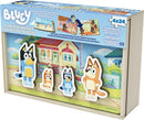Bluey 4 Pack Wood Puzzles featuring four 24-piece jigsaw puzzles with interchangeable Bluey character pieces. The vibrant design showcases a playful scene with Bluey and friends, ideal for young children. The slide-top surface allows for easy assembly and storage.