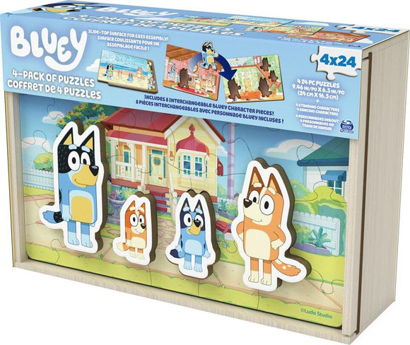 Bluey 4 Pack Wood Puzzles featuring four 24-piece jigsaw puzzles with interchangeable Bluey character pieces. The vibrant design showcases a playful scene with Bluey and friends, ideal for young children. The slide-top surface allows for easy assembly and storage.