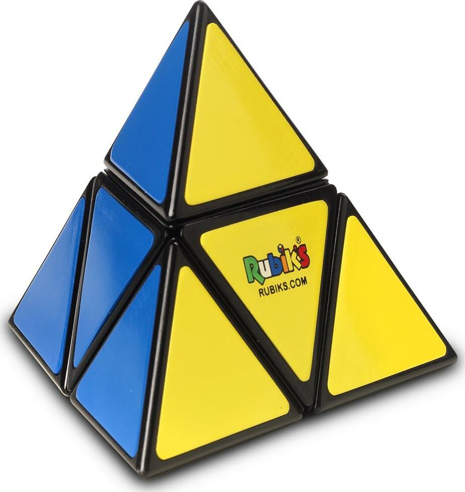 Rubik's Pyramid puzzle by Spin Master, featuring a geometric design with triangular pieces in blue and yellow colors. This mechanical puzzle offers challenging gameplay that stimulates problem-solving skills and fosters creativity.