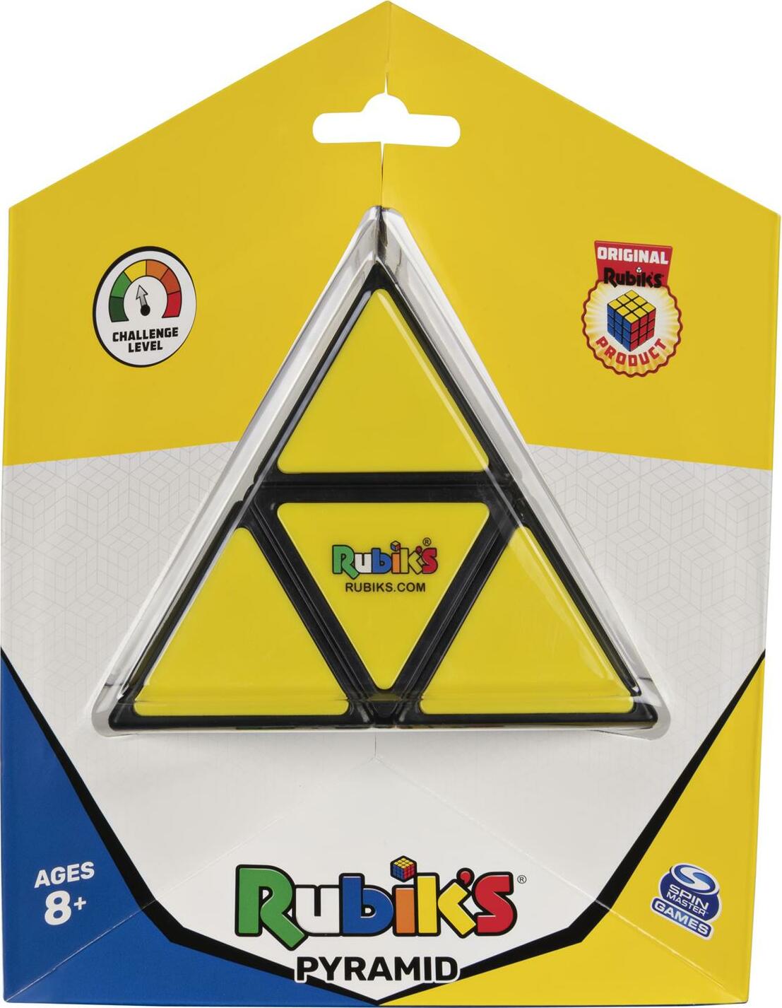 Rubik's Pyramid mechanical puzzle by Spin Master, featuring a triangular shape with vibrant yellow panels. Comes in a colorful packaging indicating challenge level suitable for ages 8 and up.