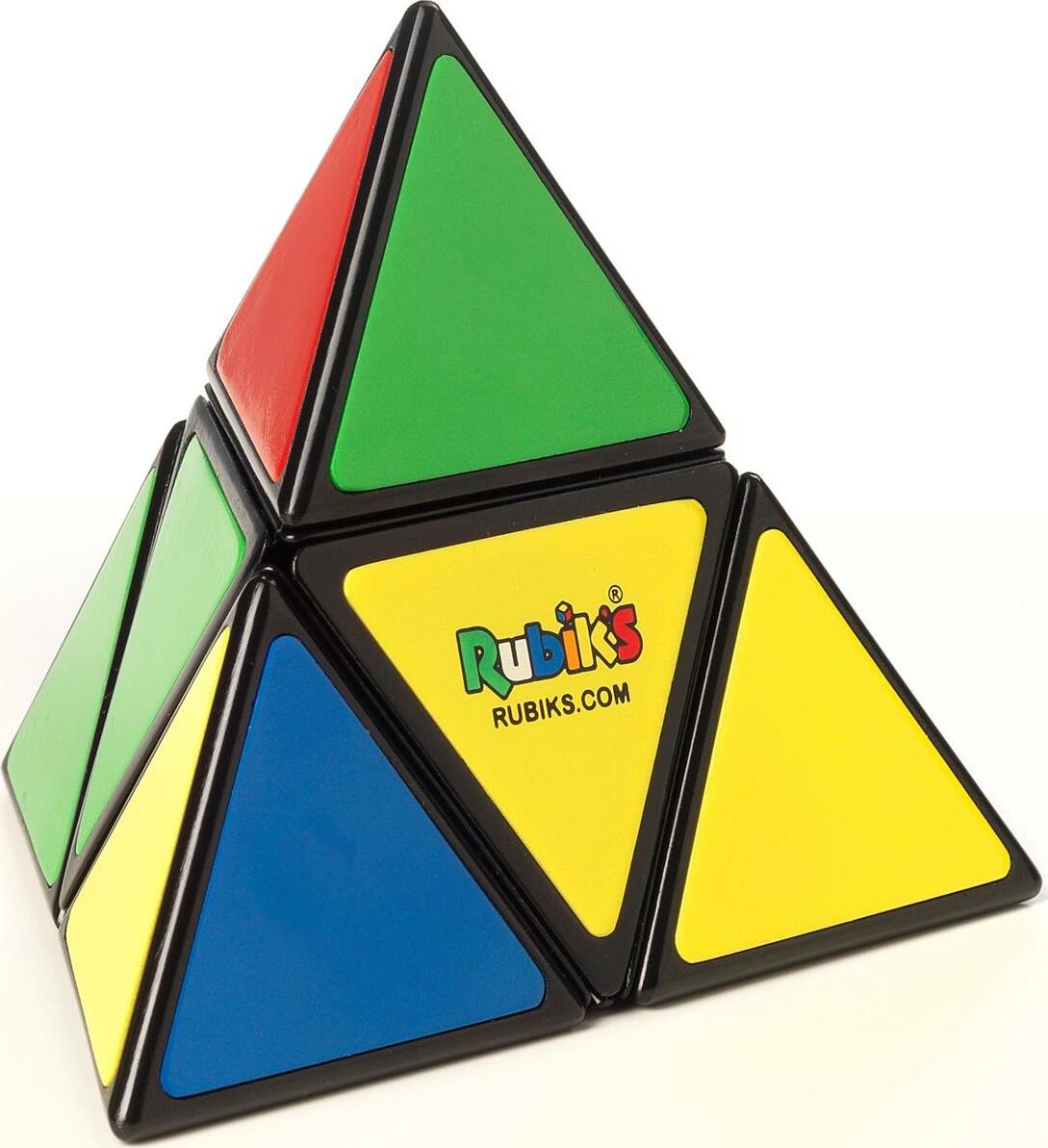 Rubik's Pyramid by Spin Master, a colorful mechanical puzzle featuring a triangular design with red, green, blue, and yellow sides. Perfect for puzzle enthusiasts looking for a new challenge.