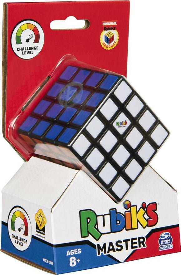 Rubik's Master 4x4 mechanical puzzle by Spin Master showcased in an attractive packaging. The cube features vibrant colors and a challenge level indicator, suitable for ages 8 and up. It is designed for enthusiasts seeking to enhance their problem-solving skills.