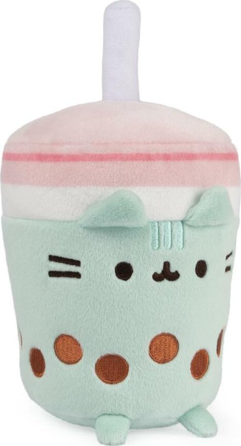 An adorable Pusheen Boba Tea Sip Plush by GUND, featuring a soft mint green cup with brown boba dots, a cute cat face, and a pink and white striped lid topped with a straw.