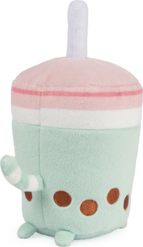 Adorable Pusheen Boba Tea Sip Plush by GUND featuring a pastel green cup with pink and white stripes, boba dots, and small plush details. Perfect for cuddling or as a collectable.