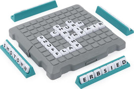 The Upwords Pack & Go game by Spin Master features a compact gray game board with letter tiles arranged in various configurations. The board is designed to facilitate gameplay on the go, with teal letter trays for easy storage of tiles. Players use the letter tiles to build words vertically and horizontally, enhancing vocabulary and word-building skills in an engaging way.