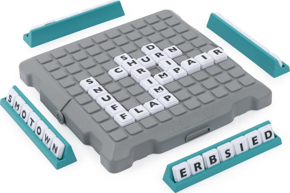 The Upwords Pack & Go game by Spin Master features a compact gray game board with letter tiles arranged in various configurations. The board is designed to facilitate gameplay on the go, with teal letter trays for easy storage of tiles. Players use the letter tiles to build words vertically and horizontally, enhancing vocabulary and word-building skills in an engaging way.