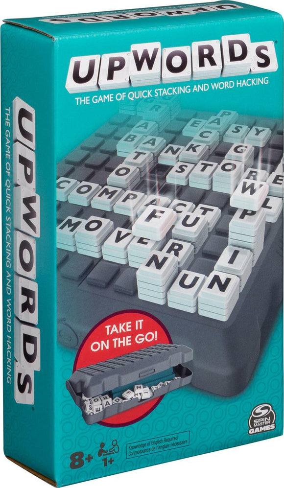 The Upwords Pack & Go game by Spin Master, featuring a compact design for easy transportation. The game comes with a board covered in stacked letters, showcasing gameplay for quick stacking and creative word building. Highlighted are the prompts 'Take it on the go!' and the game's age recommendation of '8+' on the packaging.