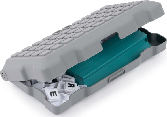 The Upwords Pack & Go game by Spin Master features a compact and sturdy grey carrying case. The lid is slightly open, revealing colorful letter tiles inside, perfect for playing word games on the go. A glimpse of the game board can be seen, which fits neatly within the case. Ideal for family game nights and travel.