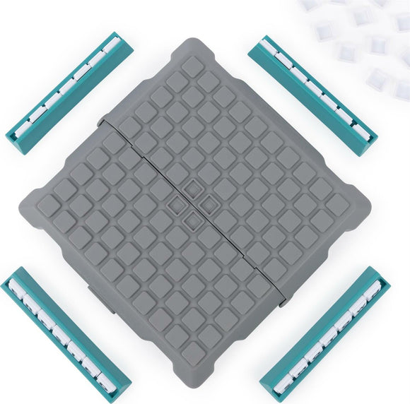 The Upwords Pack & Go game by Spin Master features a compact, portable design. The set includes a flexible grey playing board with a grid layout for tile placement, complemented by teal tile holders for convenient storage. Ideal for travel, this game allows players to enjoy strategic wordplay anywhere.