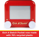 A miniature red Etch A Sketch labeled 'Etch A Sketch Pocket,' featuring a white screen and two control knobs. The product emphasizes its eco-friendly design, made with 76% recycled plastic, bringing nostalgia and creativity into a portable format.