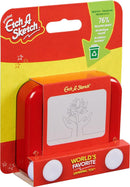 The Pocket Etch A Sketch, a compact drawing toy by Spin Master, features a vibrant red and yellow design. It includes two white knobs for creating sketches on the gray screen. The packaging emphasizes its eco-friendly construction made from 76% recycled plastic.