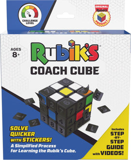 Rubik's Coach Cube by Spin Master, featuring a colorful, simplified design for learning the Rubik's Cube. The packaging shows the challenge level indicator and highlights the included step-by-step guide with videos. The cube has removable stickers for easier learning and problem-solving, designed for ages 8 and up.