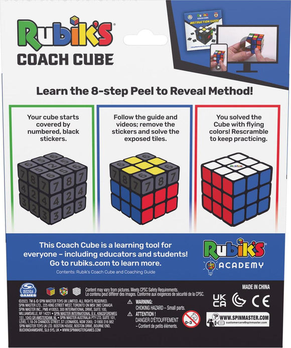 Rubik's Coach Cube packaged product showing instructions for the 8-step Peel to Reveal method. The back displays a cube with black numbered stickers, followed by images of the completed colored cube and a coaching guide. It's a learning tool aimed at educators and students.