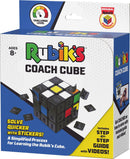 Rubik's Coach Cube in packaging, designed to help players learn the Rubik's Cube with stickers and a step-by-step guide. Includes a visual challenge level indicator and instructions for optimal play. Ideal for ages 8 and up.