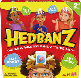 Hedbanz 2nd Edition game box featuring three children with headbands, each asking playful questions like 'Am I a dog?' and 'Am I cake?'. The game is designed for ages 6 and up, suitable for 2-6 players, encouraging interactive fun and laughter.
