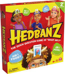 Hedbanz 2nd Edition game box featuring children wearing headbands with question cards. The box showcases vibrant colors, fun illustrations, and engaging phrases like 'Am I a Dog?' and 'Am I Cake?'. Perfect for family game nights.