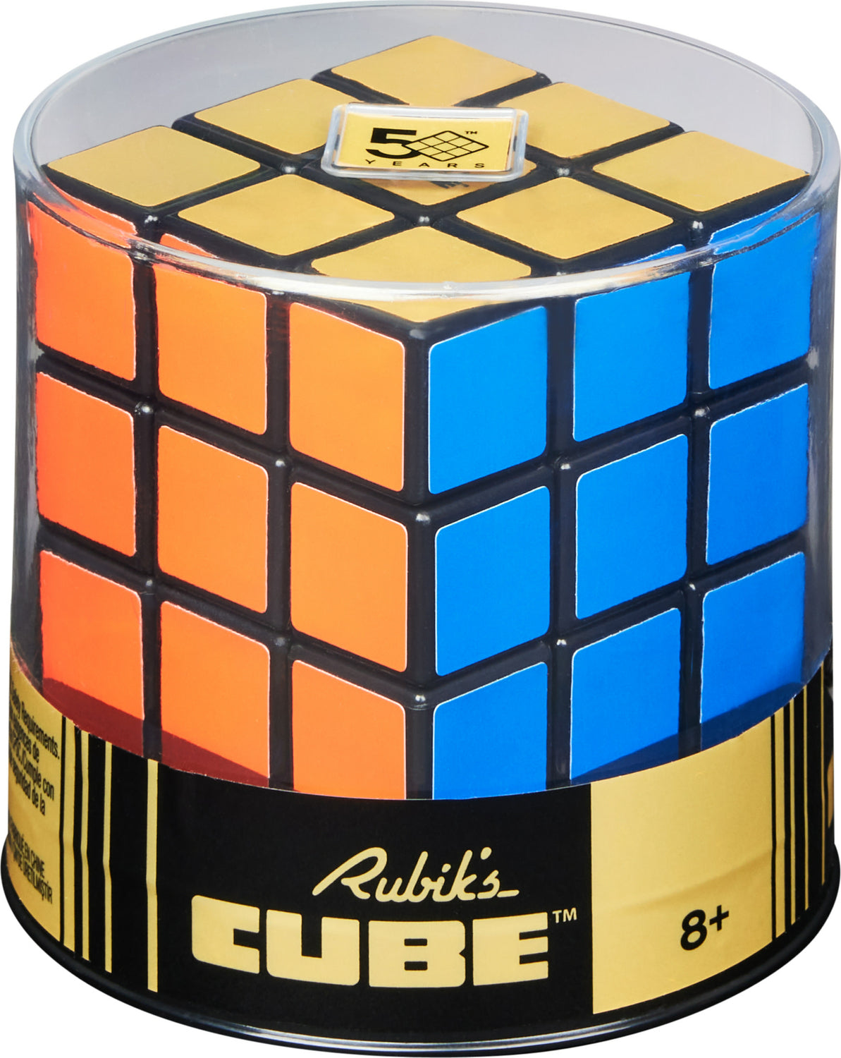 Rubik's Cube Retro 50th Anniversary Edition in a transparent container, showcasing vibrant colors of orange, blue, and yellow tiles. The base features a stylish black and gold logo highlighting its anniversary.