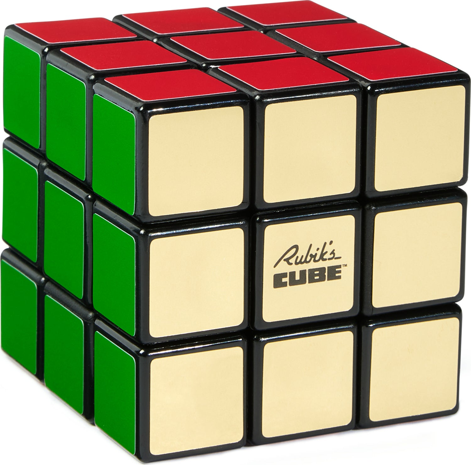 Rubik's Cube Retro 50th Anniversary Edition featuring a classic design. The cube has vibrant colors with red, green, and gold squares, and the Rubik's Cube logo prominently displayed. It's a challenging and fun puzzle for all ages.