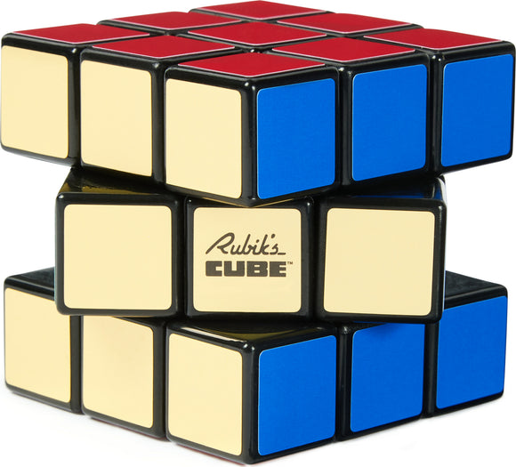 Rubik's Cube Retro 50th Anniversary Edition by Spin Master, featuring classic colors of red, blue, and yellow. The cube showcases its iconic design with smooth, rotating segments and the Rubik's Cube logo prominently displayed, perfect for puzzle enthusiasts and collectors.