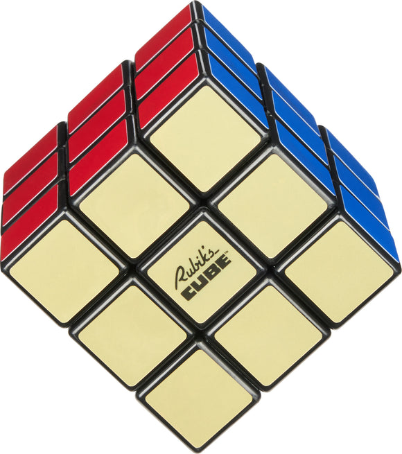 Rubik's Cube Retro 50th Anniversary Edition displaying a classic design with colorful stickers. The cube features a sleek black frame with red, blue, and yellow squares, celebrating its heritage as an iconic puzzle game.