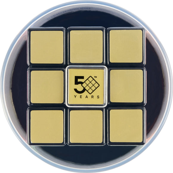 Rubik's Cube Retro 50th Anniversary Edition game by Spin Master, featuring a golden square design with the '50 Years' logo at the center, perfect for puzzle enthusiasts and collectors.