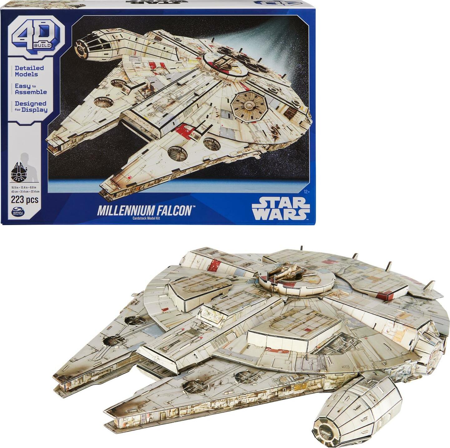 The Star Wars Millennium Falcon 3D DIY kit by 4D Cityscape Inc features a detailed model of the iconic spaceship. The kit includes 223 cardboard pieces that are easy to assemble, designed for display, and great for fans and collectors. The finished model showcases intricate detailing and captures the essence of the beloved franchise.