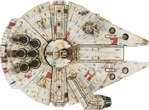 A detailed 3D model of the Millennium Falcon from Star Wars, featuring intricate surface designs and authentic colors, perfect for DIY enthusiasts and fans of the franchise.