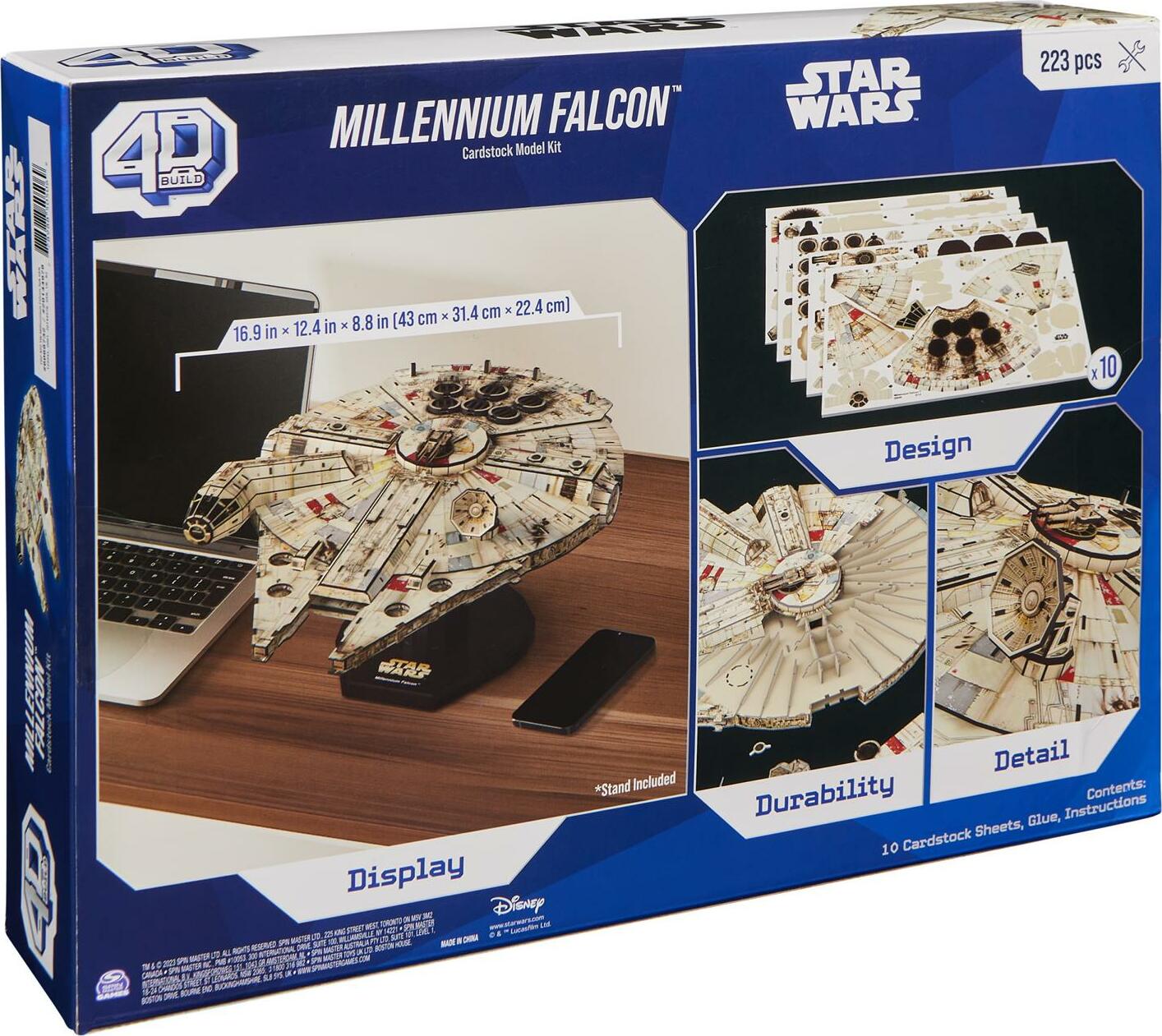 Star Wars Millennium Falcon 3D DIY kit by 4D Cityscape Inc. Features 223 cardstock pieces for crafting a detailed model of the iconic spacecraft. Includes design, durability, and detail illustrations on the box. Perfect for display on desks or shelves.