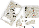 Star Wars Millennium Falcon 3D DIY kit by 4D Cityscape Inc. The image shows detailed parts of the Millennium Falcon, including its distinctive saucer shape and intricate components, laid out for assembly. Perfect for fans and puzzle enthusiasts, this kit encourages creativity and provides a rewarding building experience.