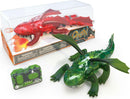 A vibrant HEXBUG Dragon Remote Control toy set. The package features a bright red dragon and a striking green dragon, both with intricate detailing. Accompanying the dragons is a transparent green remote control featuring easy-to-use buttons.