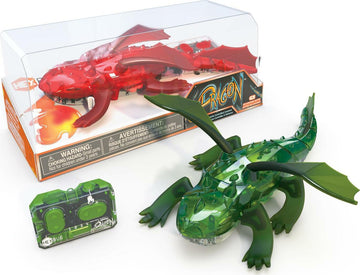 A vibrant HEXBUG Dragon Remote Control toy set. The package features a bright red dragon and a striking green dragon, both with intricate detailing. Accompanying the dragons is a transparent green remote control featuring easy-to-use buttons.