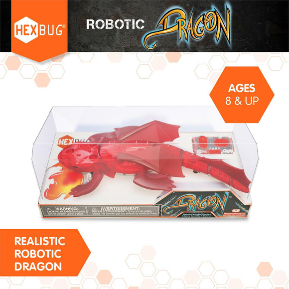 HEXBUG Dragon Remote Control is a realistic robotic dragon toy with red transparent plastic. It features intricate details including wings and a controller. Suitable for ages 8 and up, this engaging toy promotes imaginative play and engineering concepts.