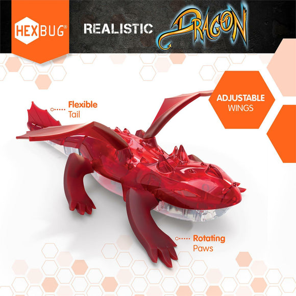 The HEXBUG Dragon Remote Control features a realistic design with a shiny red body. It has adjustable wings that can be positioned as desired, a flexible tail for enhanced movement, and rotating paws that mimic a dragon's natural motion. This engaging remote-controlled dragon is great for imaginative play and exploration.