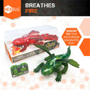 The image features the HEXBUG Dragon Remote Control, showcasing a vibrant red dragon toy alongside a green dragon. The red dragon is designed to breathe fire, while the green dragon has intricate detailing and large wings. The remote control is visible, allowing for interactive play. The packaging highlights that the toy is a sensory product that stimulates imaginative play.