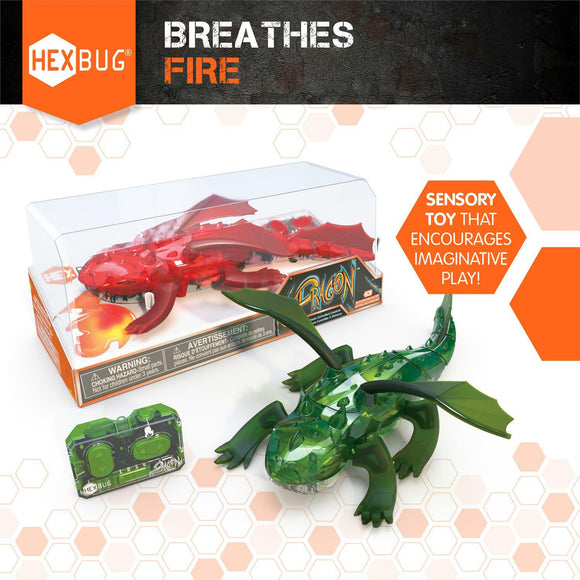 The image features the HEXBUG Dragon Remote Control, showcasing a vibrant red dragon toy alongside a green dragon. The red dragon is designed to breathe fire, while the green dragon has intricate detailing and large wings. The remote control is visible, allowing for interactive play. The packaging highlights that the toy is a sensory product that stimulates imaginative play.